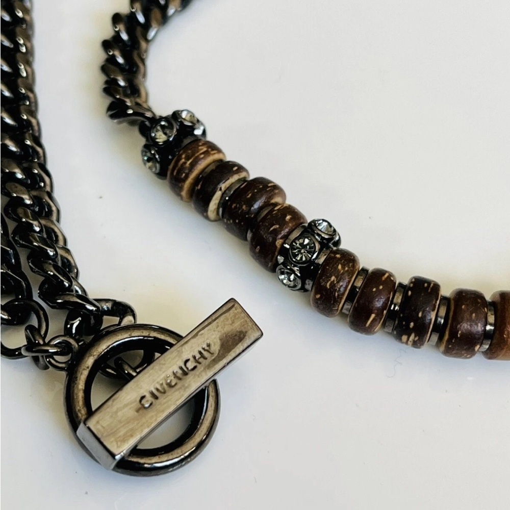 Givenchy Signed Gun Metal Necklace With Crystals & Wood Beads